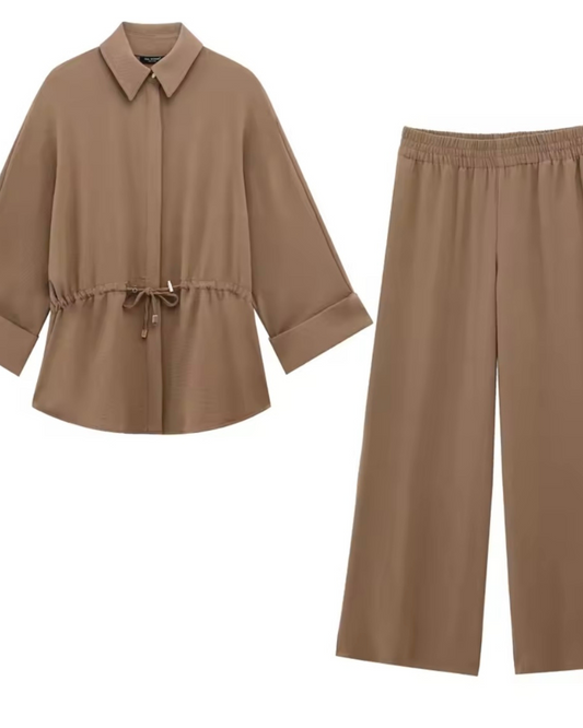 Damen Kimono Zweiteiler Set – Langarm Bluse mit Spitze & Weite Hose | Bequemes Elegantes Outfit mit Elastischer Taille