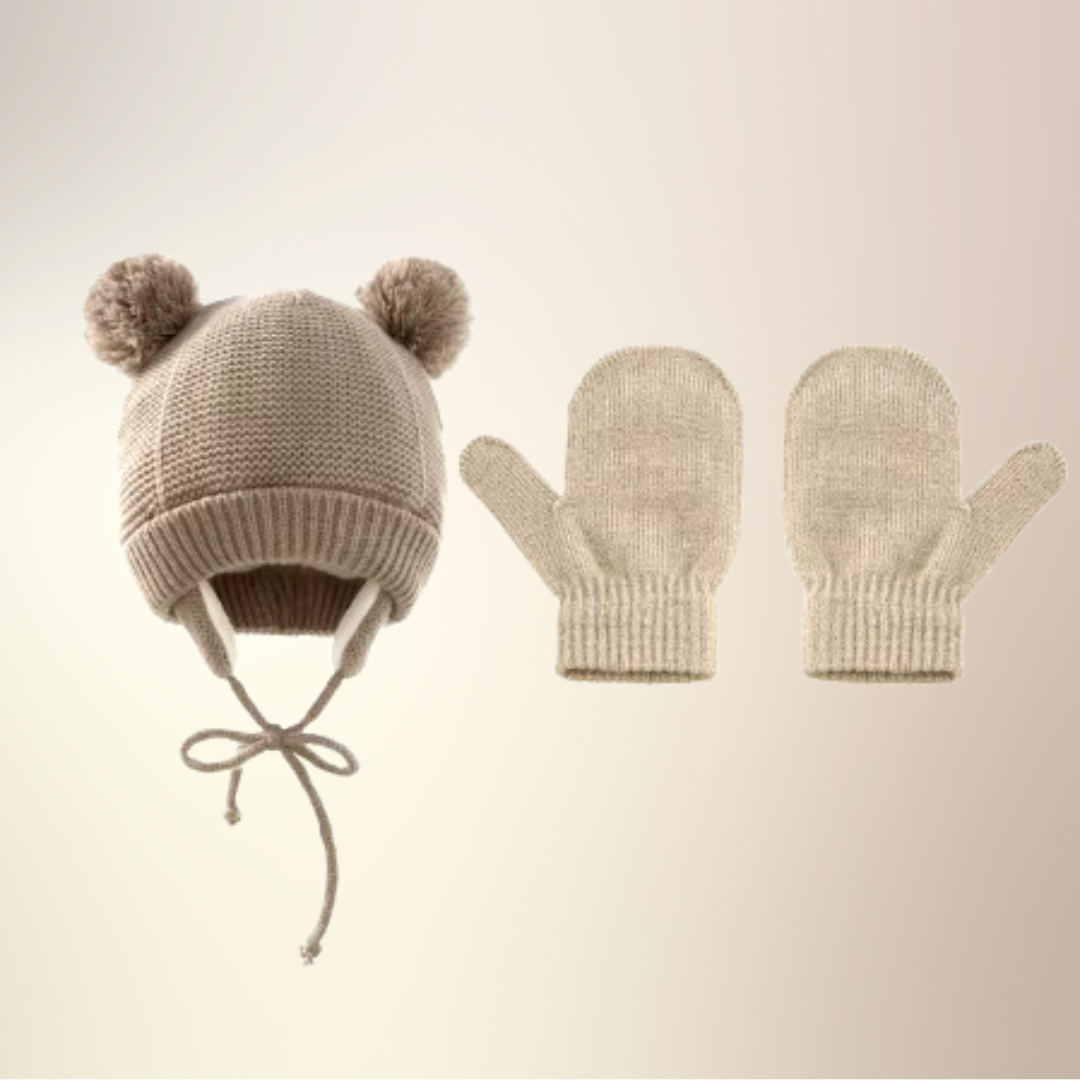 Pompon Süße Baby Wintermütze und Handschuhe