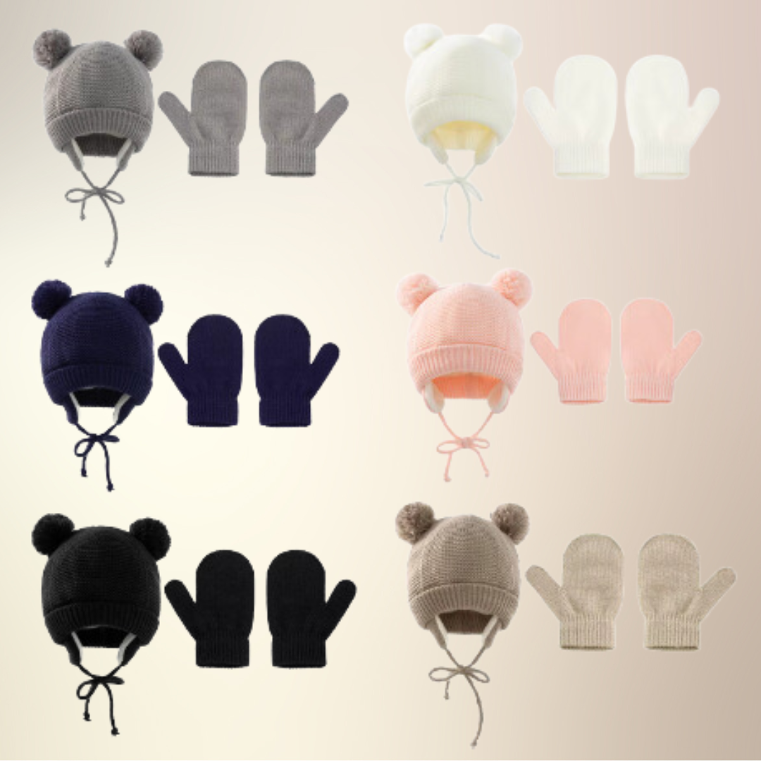 Pompon Süße Baby Wintermütze und Handschuhe