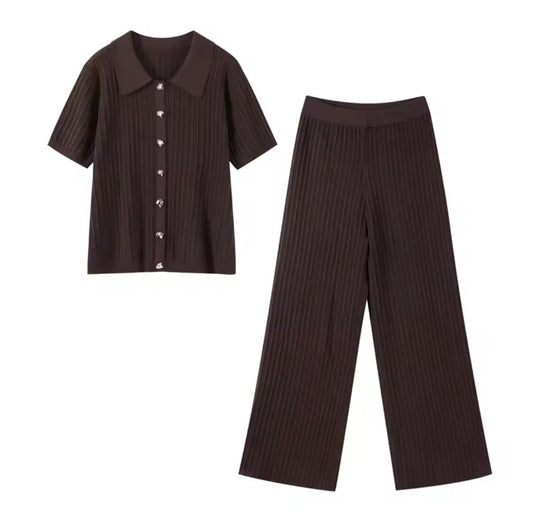 Zweiteiler Damen Set – Strick Hemd & Weite Hose